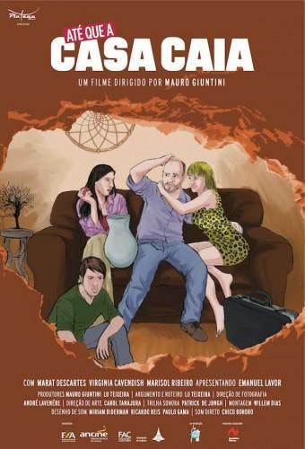 Desenho por trás de um buraco na parede de um homem e duas mulheres sentados em um sofá marrom. No chão, um homem sentado no lado esquerdo e uma mala no lado direito.
